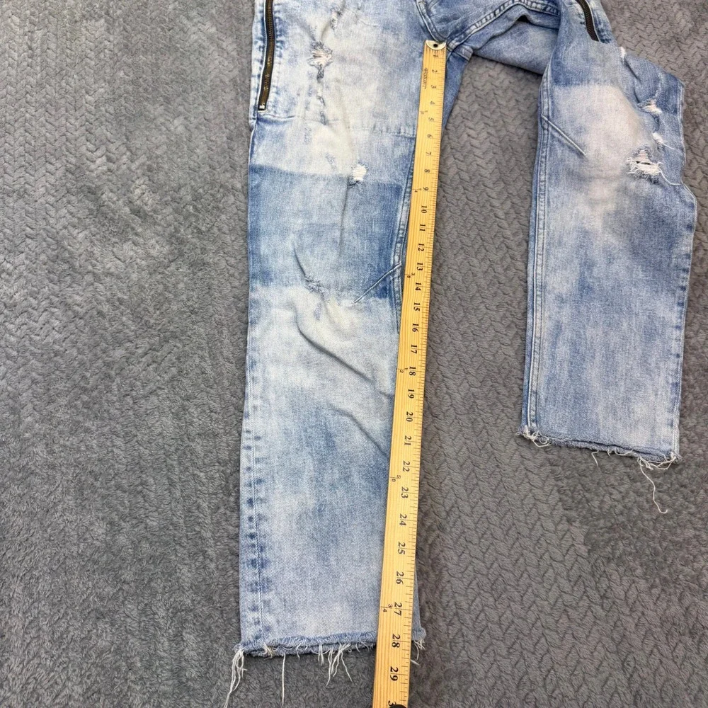 Hudson Jeans Mens 32x28 Distressed Light Wash Blue Denim Button Fly Raw Hem Moto